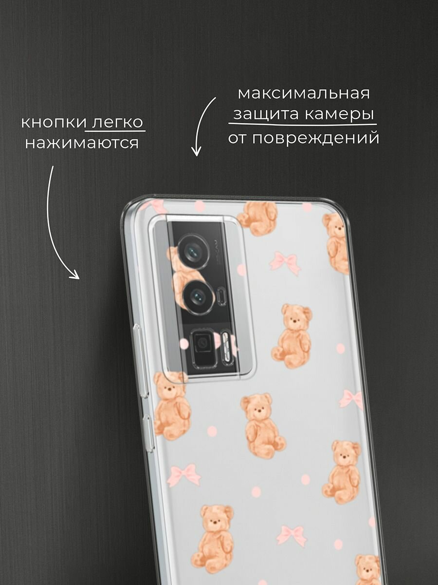 Чехол на Xiaomi Redmi K60/Poco F5 Pro / Редми К60/Поко F5 Pro с принтом Паттерн бежевые мишки, прозрачный — фото 1