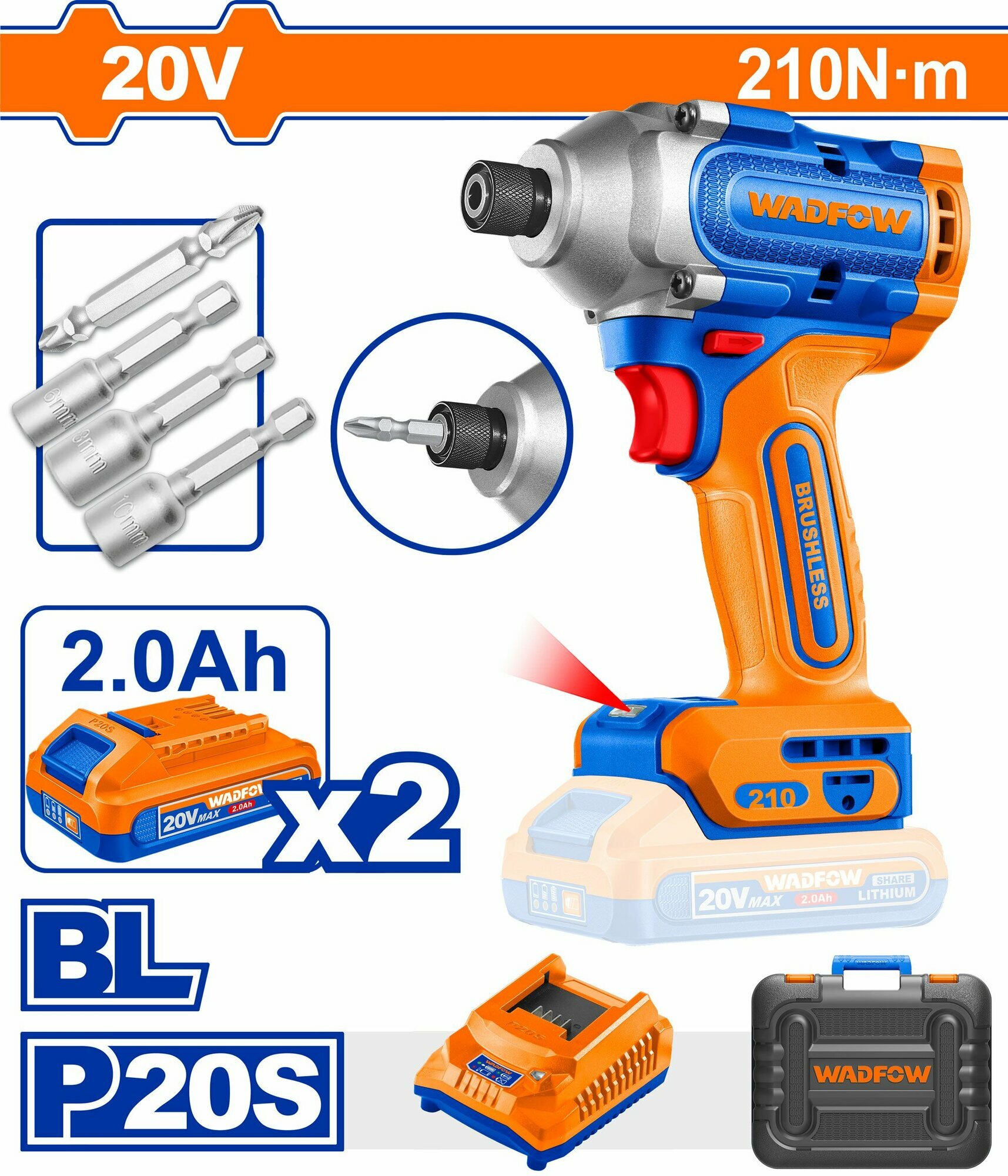 Винтоверт акк. WCD2B21 б/щ, Li-ion-2шт, 2,0Ач, 20В, 210Нм, З/У, кейс WADFOW