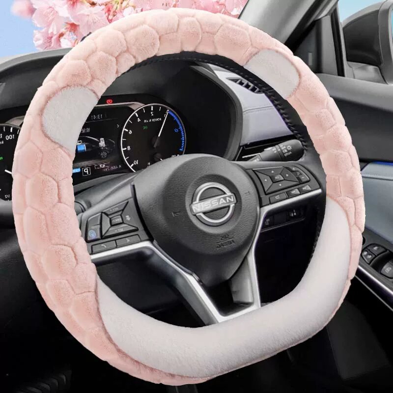 Зимний вязаный чехол для руля Nissan Sylphy/Pathfinder/Ambition/Sunny/Note - Узорный медвежий дизайн, розовый, D-форма