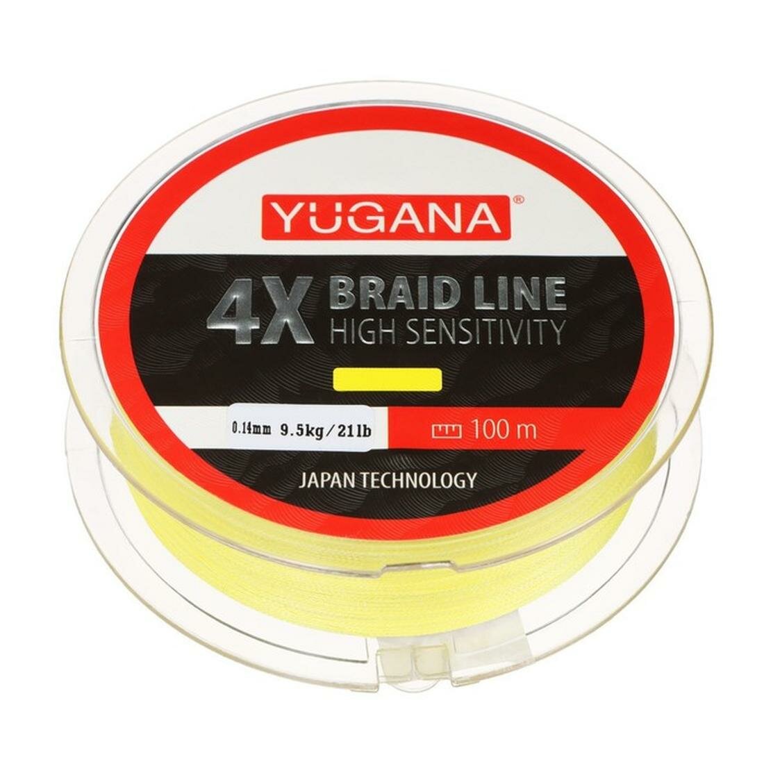 Леска плетеная YUGANA X4 PE, диаметр 0.14 мм, 9.5 кг, 100 м, желтый