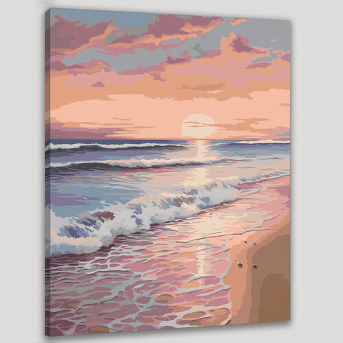 Изображение товара Картина по номерам 40x50 см, акриловая картина, тихий пляж, закат, мягкие волны, разбивающиеся о берег, ракушки