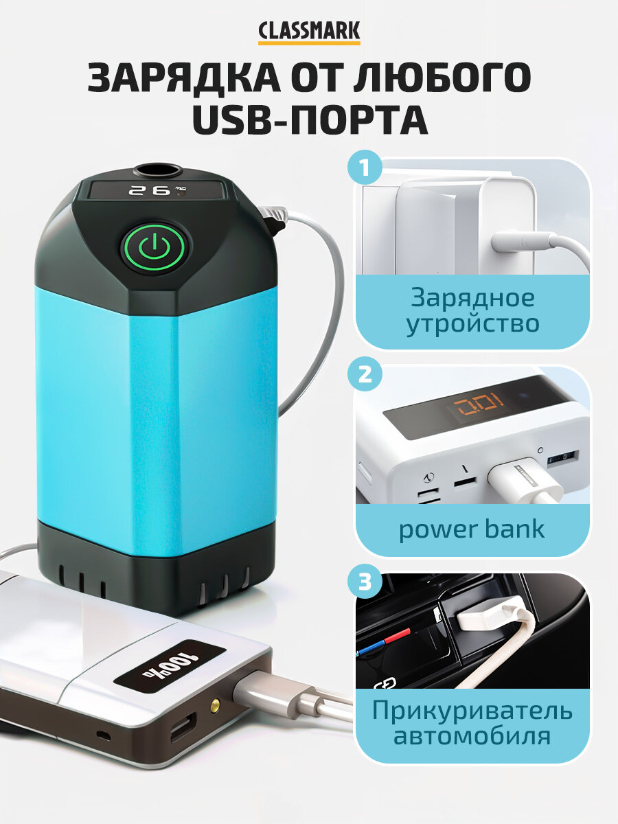 Портативный душ аккумуляторный Classmark для дачи, походный, с датчиком температуры, 90 мин работы, 8 литров/мин — фото 1