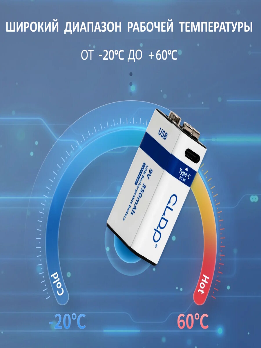 Аккумуляторная перезаряжаемая батарея Li-ion 9V (крона) 350 mAh 2шт + USB кабель — фото 1