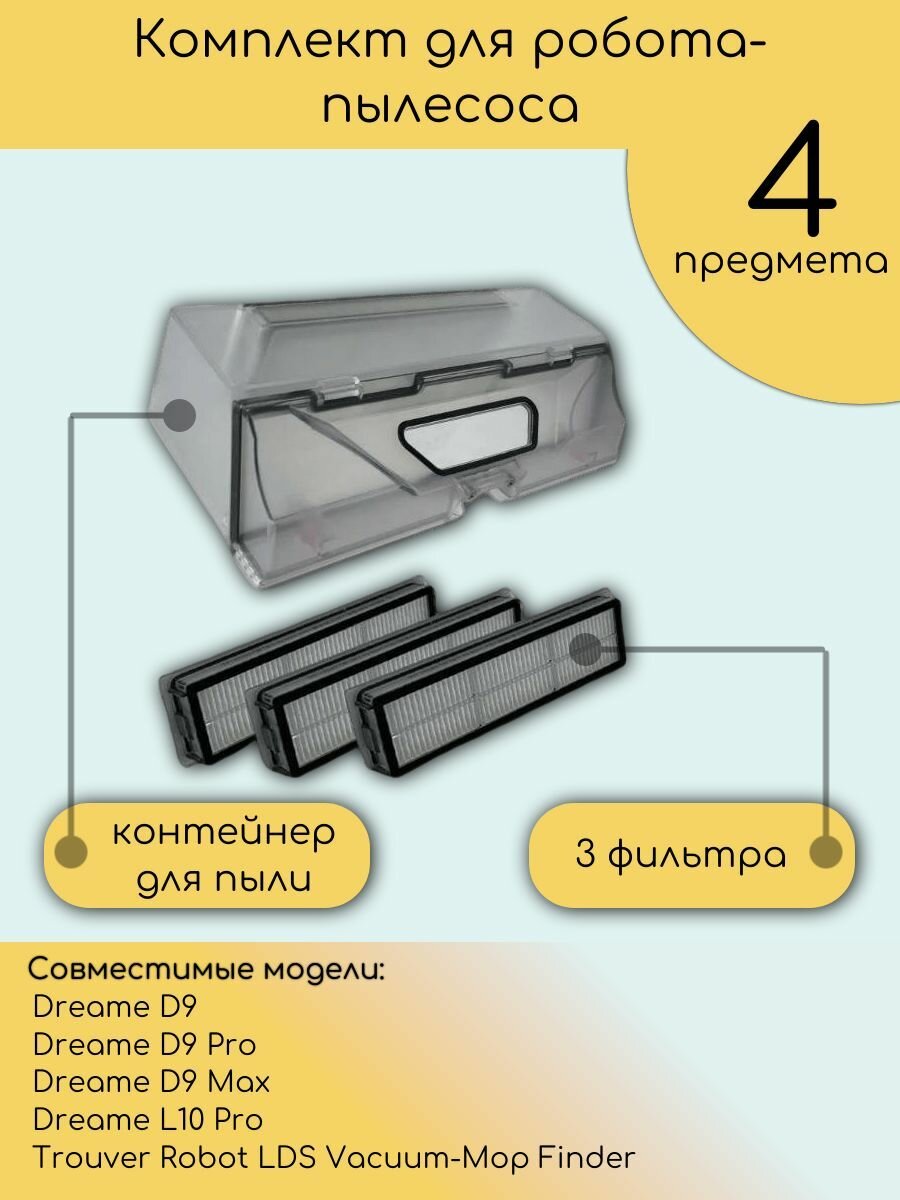 Комплект для робота пылесоса Dreame D9, D9 max, L10 Pro, D9 Pro, Trouver Robot LDS Vacuum-Mop Finder: контейнер для пыли, нера-фильтр 3шт