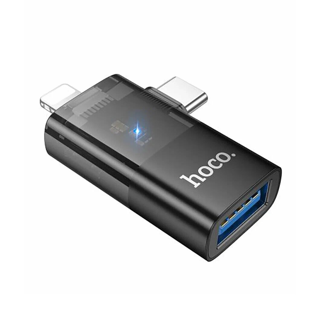 Переходник адаптер Hoco UA36E 2-в-1 Lightning/Type-C male to USB female, OTG, прозрачный черный