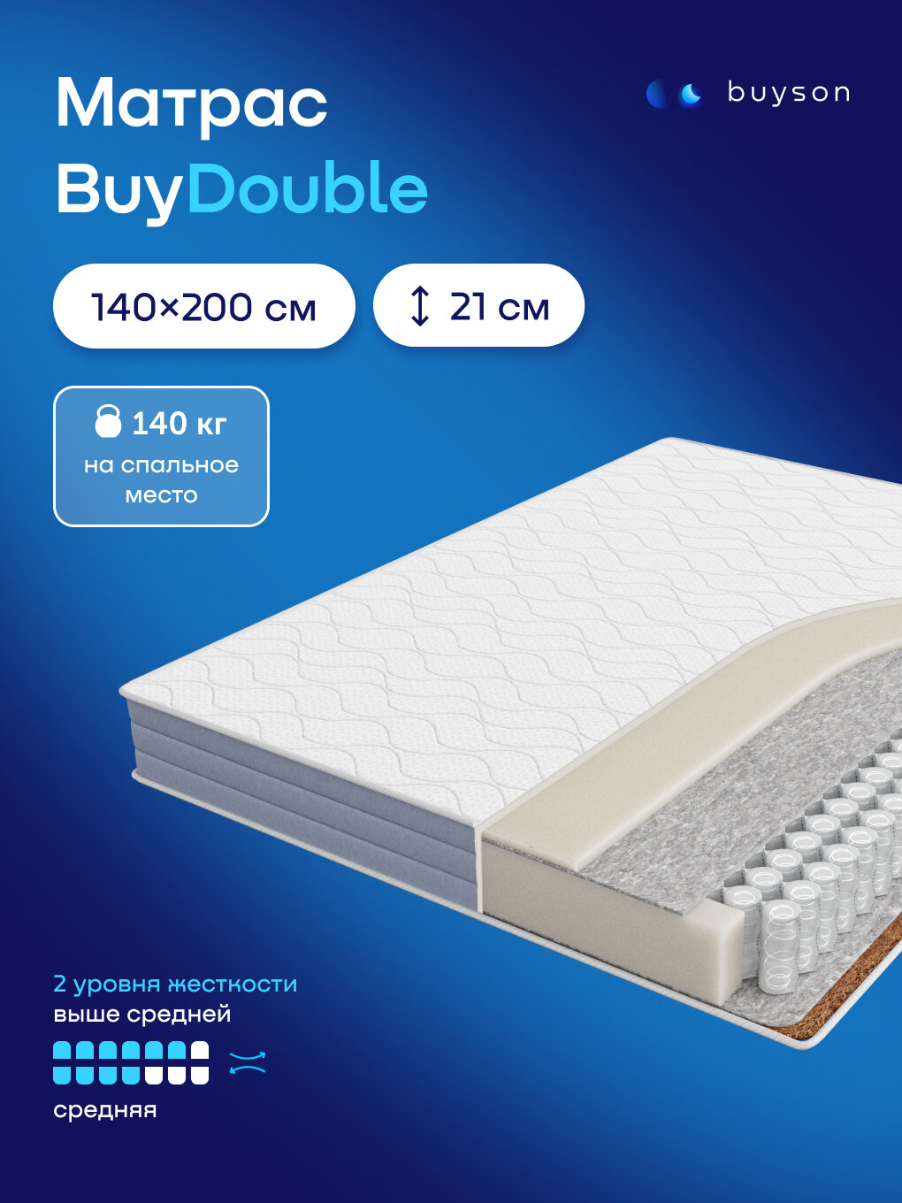 Ортопедический двусторонний матрас buyson BuyDouble, 140х200 см, независимые пружины