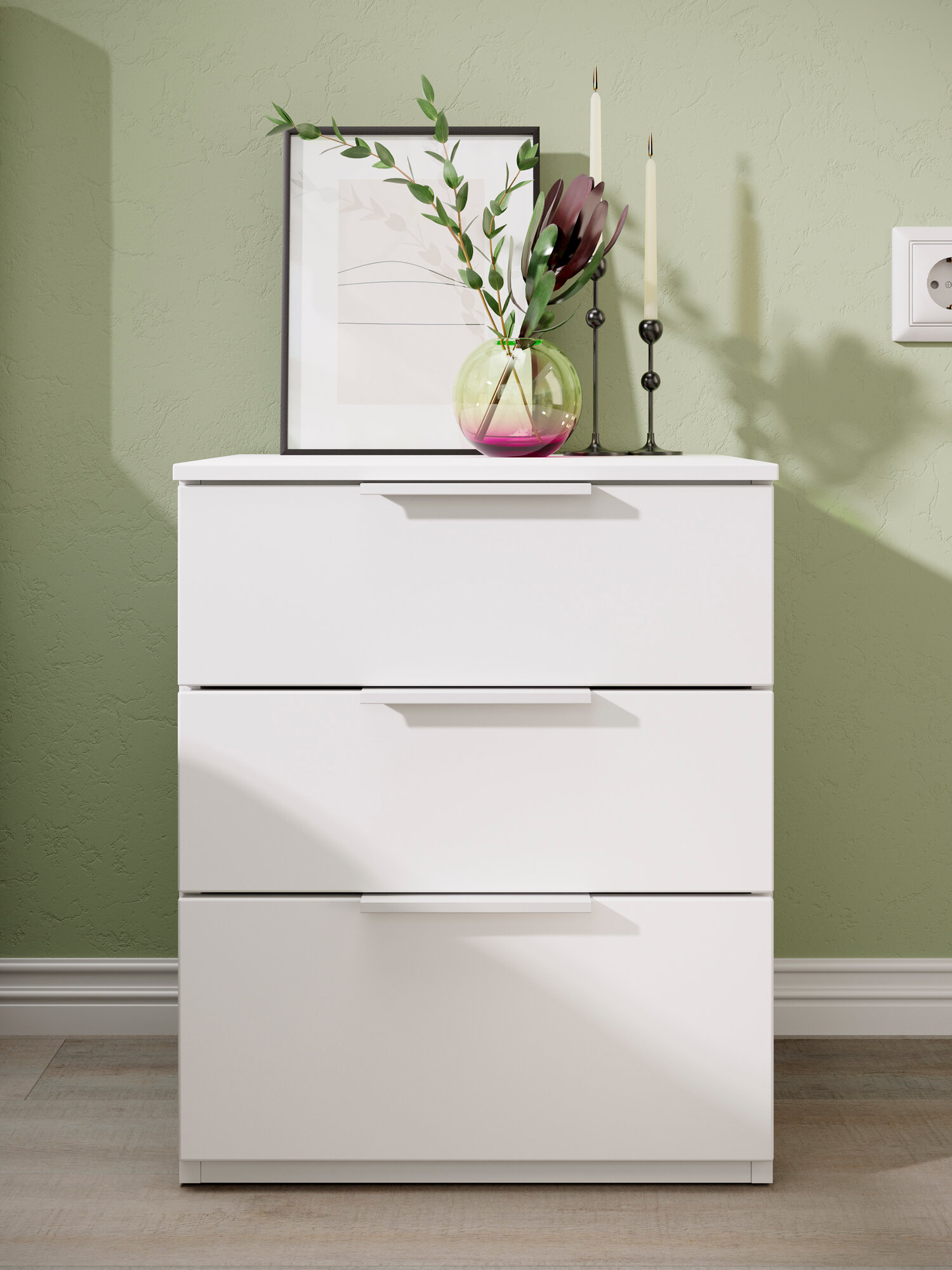 Прикроватная тумбочка Мебель Трия "Порто", Белый Жемчуг/Софт, 3 выдвижных ящика