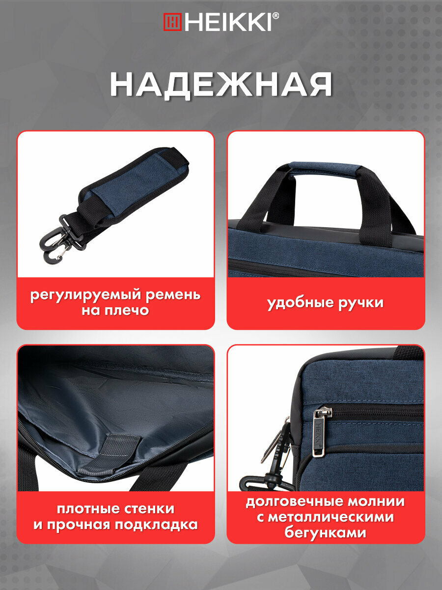 Сумка для ноутбука 15.6 дюймов, портфель для документов с ремнем через плечо и ручками, темно-синяя, 29х40х9 см, Heikki Forward, 272612 — фото 1