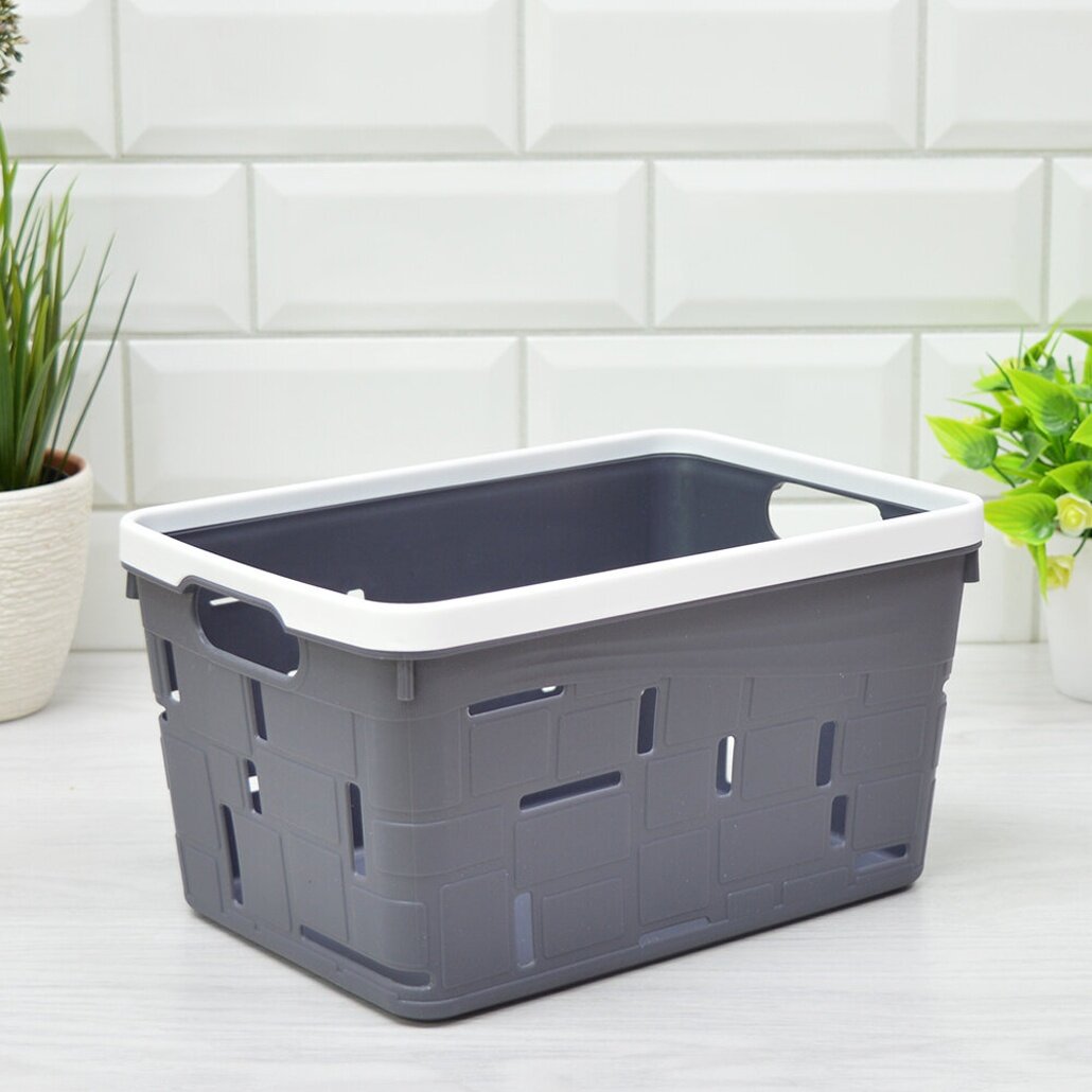 Корзина для хранения 26х17.5х14 см пластиковая серого цвета удобные ручки для организации дома