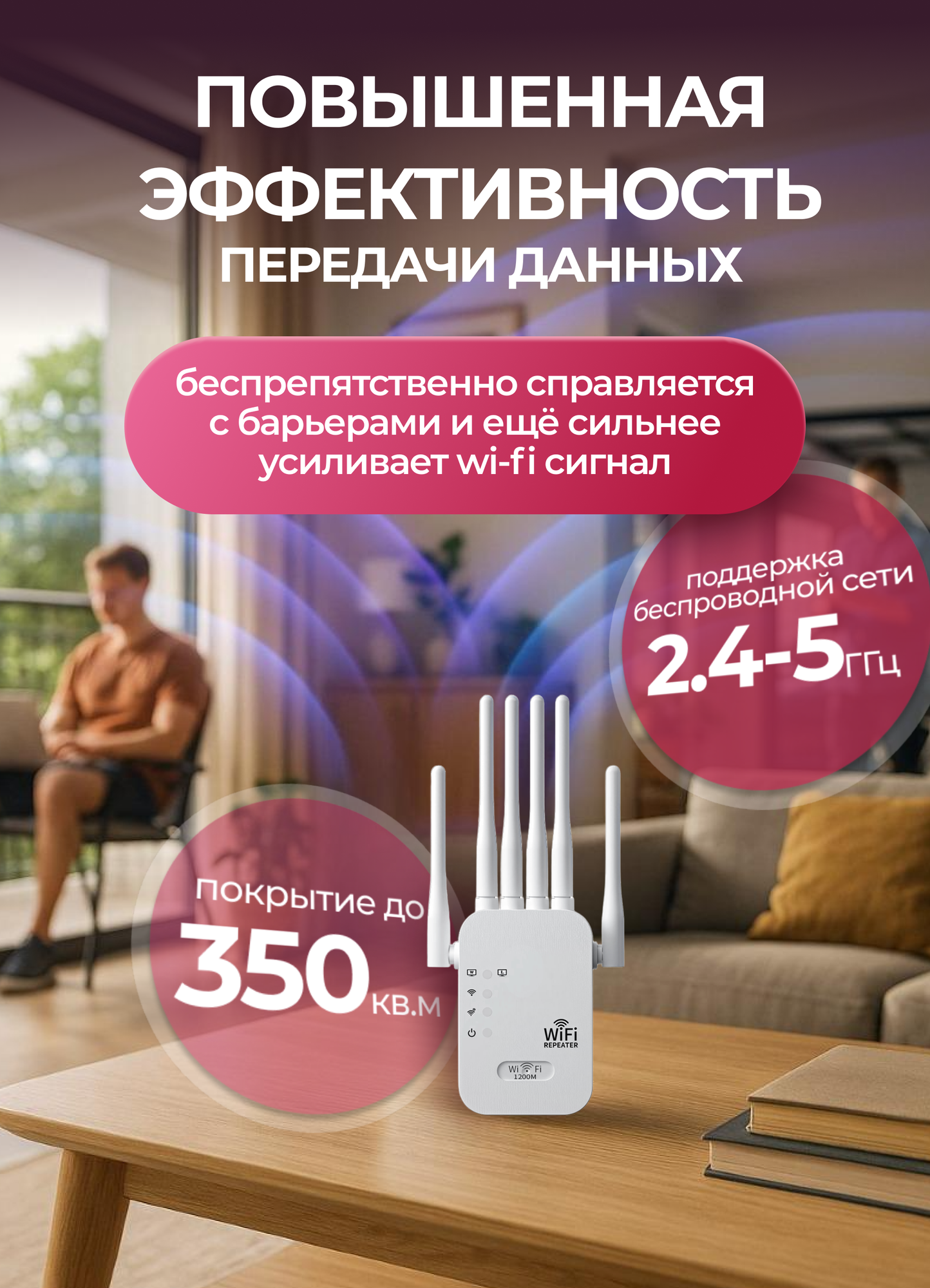 Усилитель wifi сигнала, 2.4 ГГц / 5 ГГц , 1200 Мбит/с, wifi repeater, репитер, ретранслятор, белый — фото 1