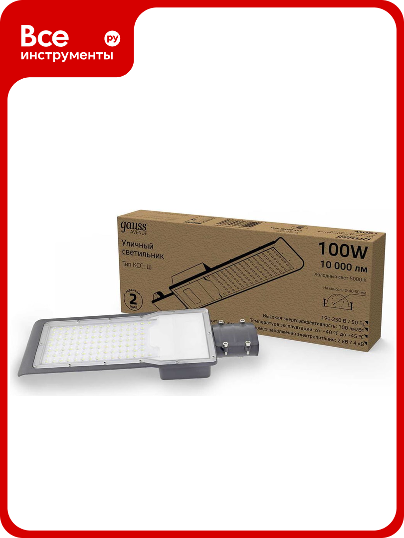 Уличный консольный светодиодный светильник Gauss IP65 100W 10000lm 5000K КСС 