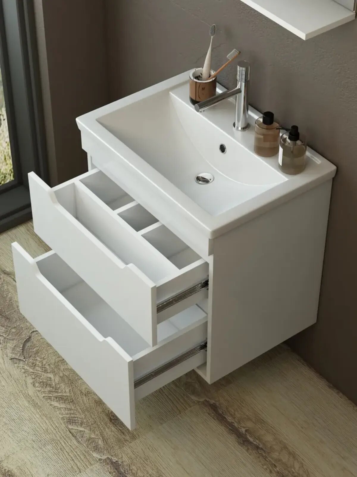 Тумба Emmy Агата 60 подвесная два ящика с умывальником Фостер 60