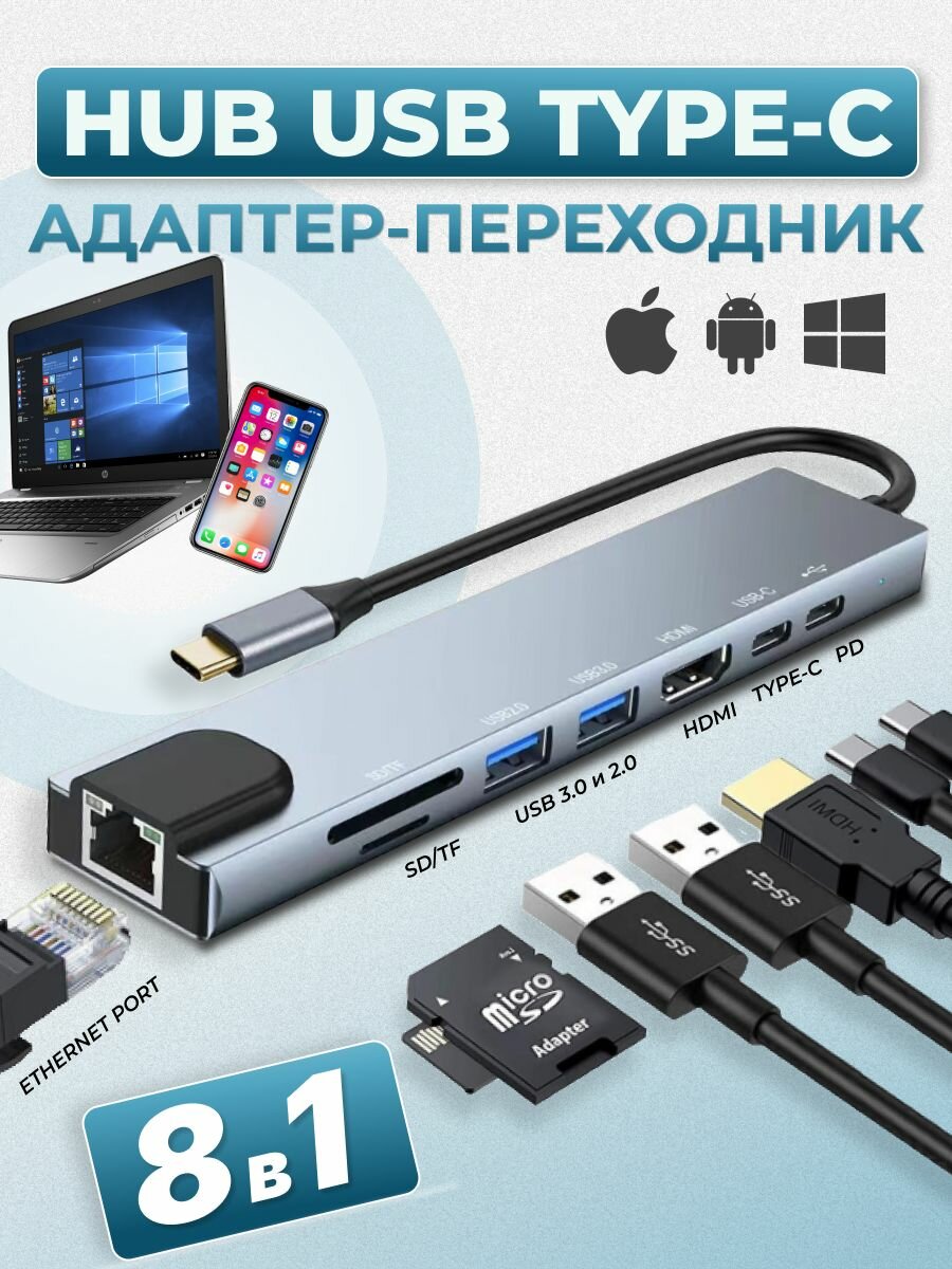 USB HUB разветвитель 8 в 1 Type C для MacBook / USB / HDMI адаптер 4k/ RJ-45 адаптер / USB HUB 3.0 / картридер для ноутбука
