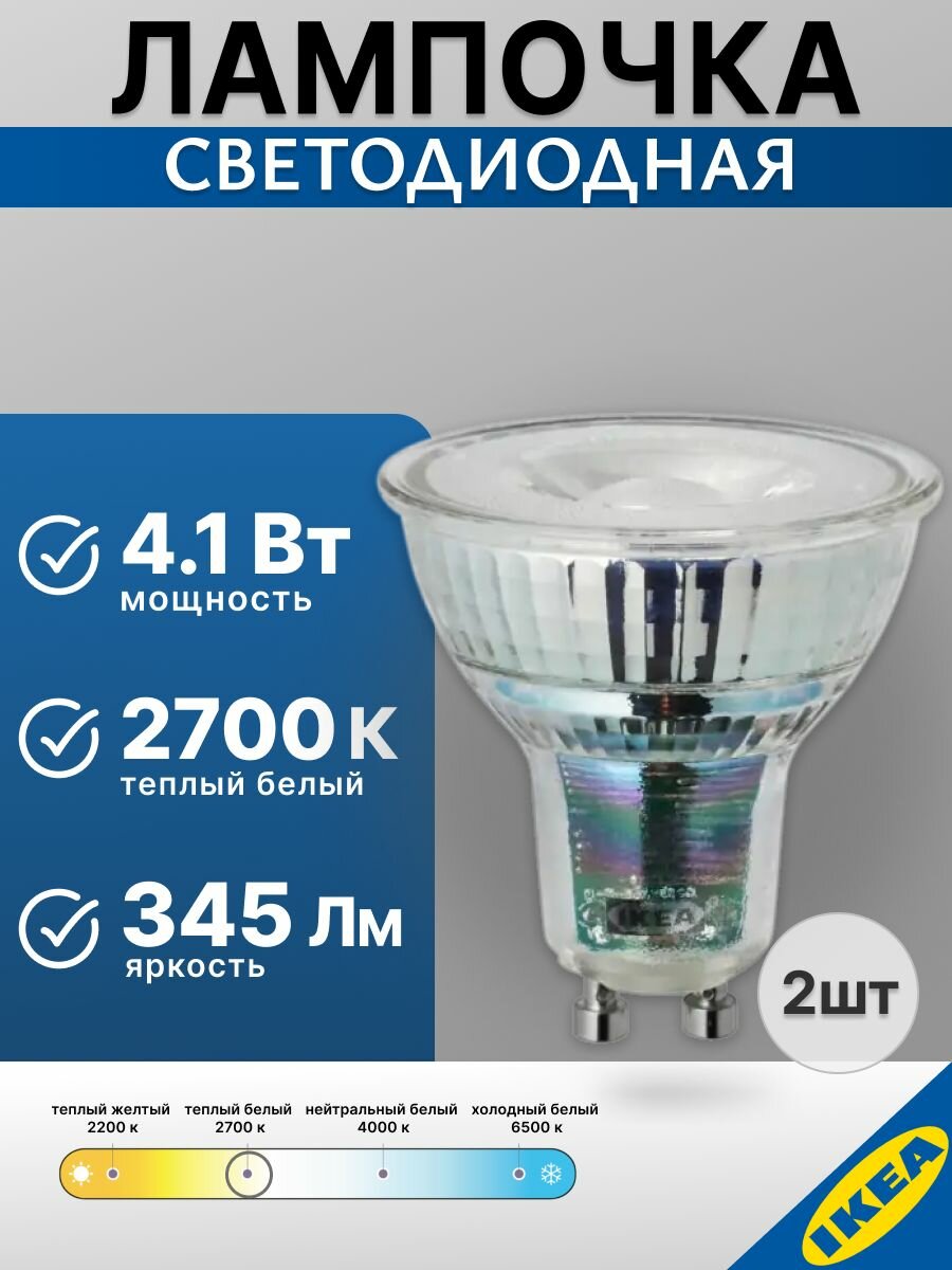 Лампочка светодиодная 2 шт. GU10 4.1 Вт 2700 К 345 Лм IKEA LEDARE ледаре