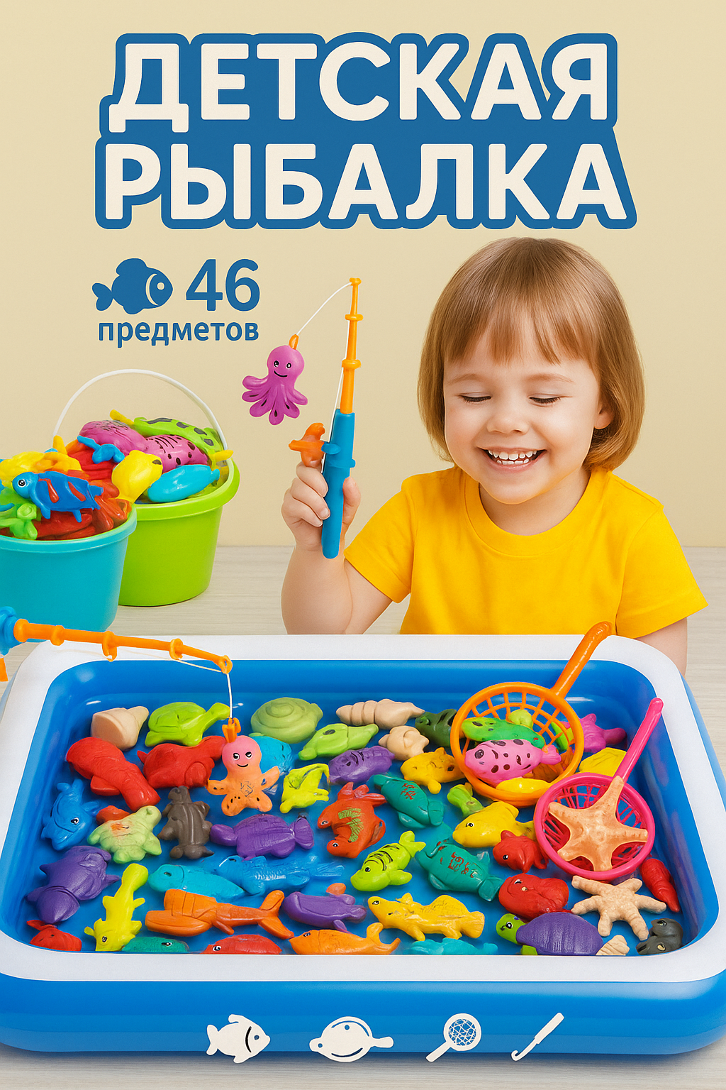 Детская магнитная рыбалка с бассейном, игровой набор 46 предметов (рыбки, сачки и удочки)