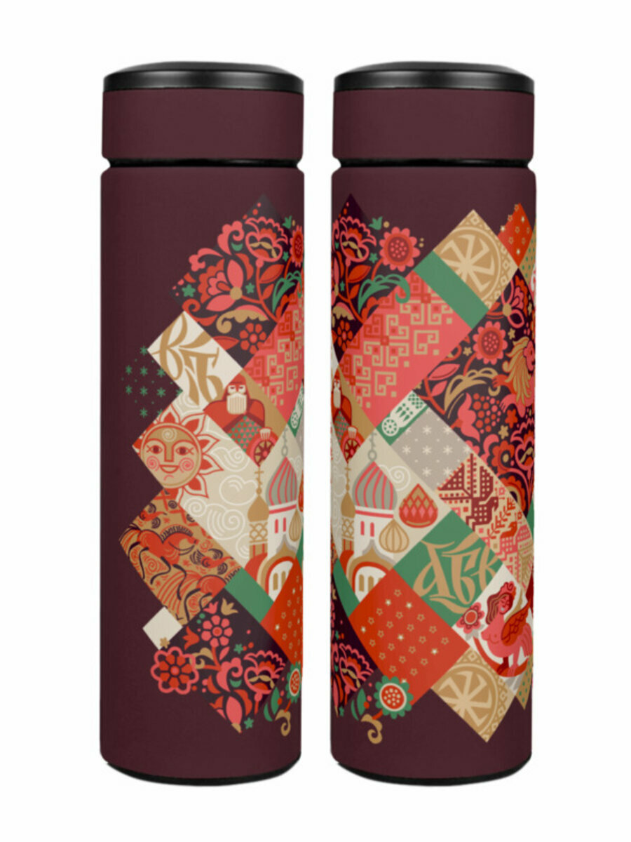 Термос  Русский мир  Русские символы  лоскутное шитье   бордовый 