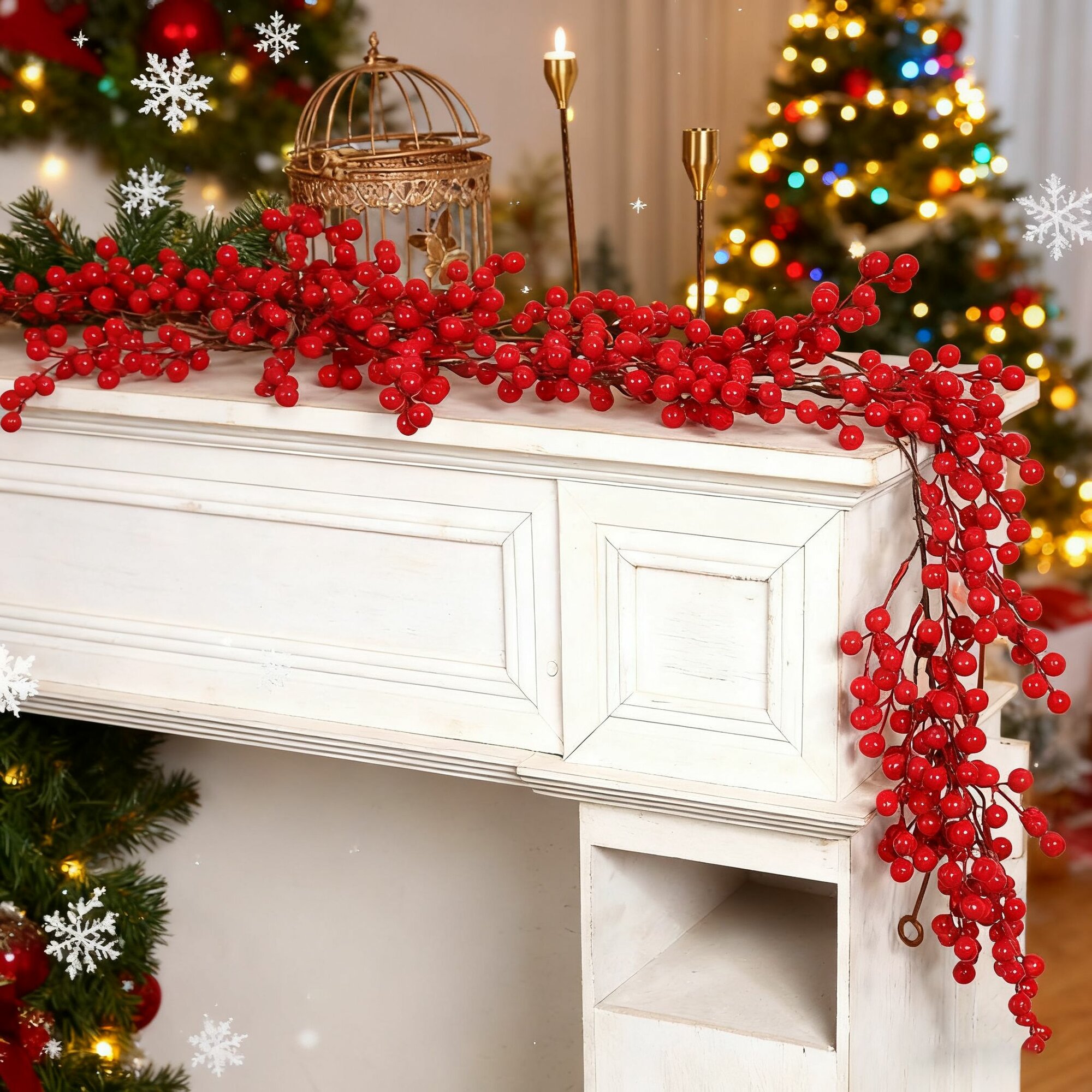 Гирлянда хвойная/Новогодняя гирлянда с искусственными красными ягодами для праздничного декора дома 200 см 1 шт