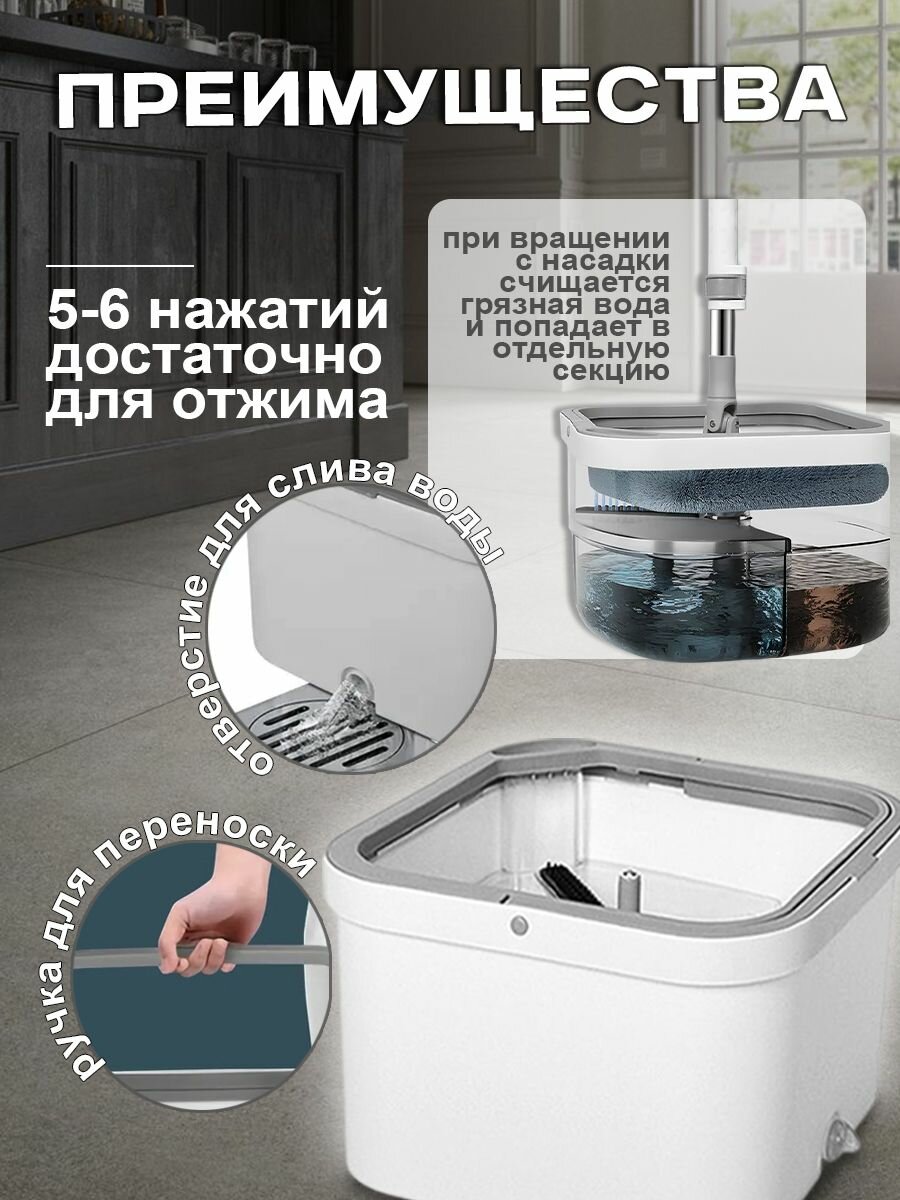 Швабра с ведром, с регулируемой длиной ручки, с системой отжима, серая — фото 1