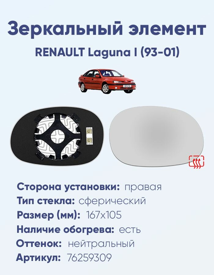 Зеркальный элемент правый RENAULT Laguna I (93-01) сфера нейтральный с обогревом