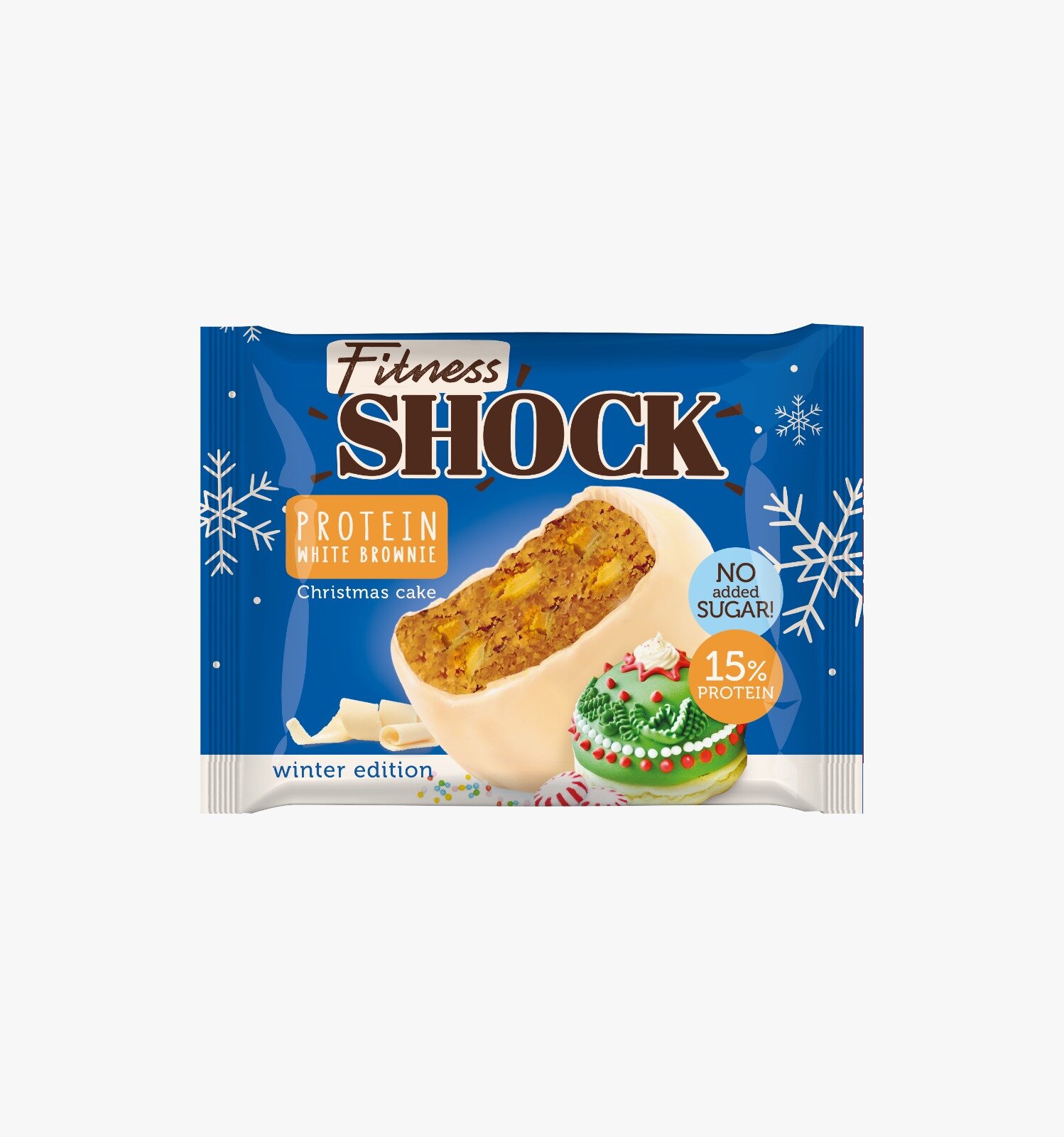 Бисквит протеиновый "Брауни Рождественский кекс" в белом шоколаде. FitnesShock. 0,05кг.