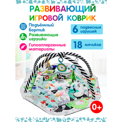 Коврик-манеж для новорожденных 0 Веселый малыш с бортиками игрушками и шариками 10174₽