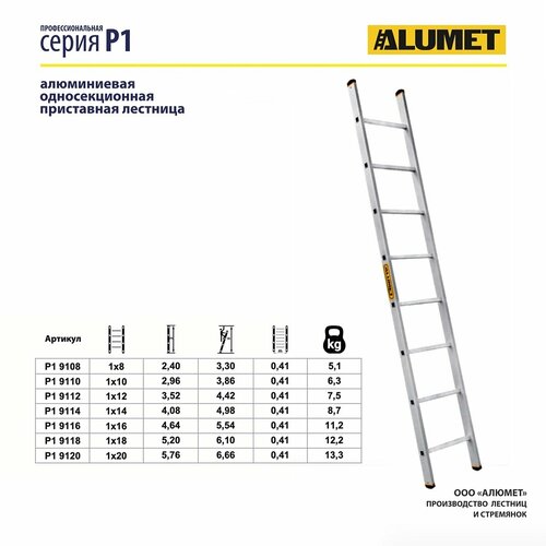 фото Алюминиевая профессиональная приставная односекционная лестница алюмет alumet