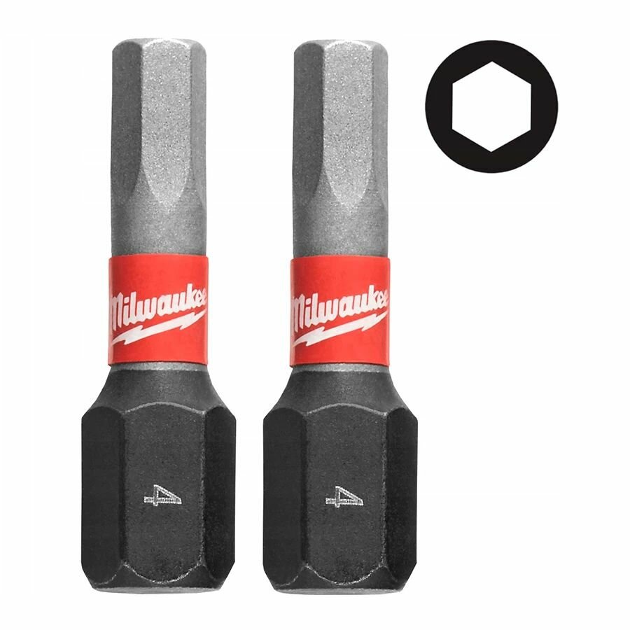 Биты для шуруповерта shockwave impact duty milwaukee hex 4 мм x 25 мм (2шт)