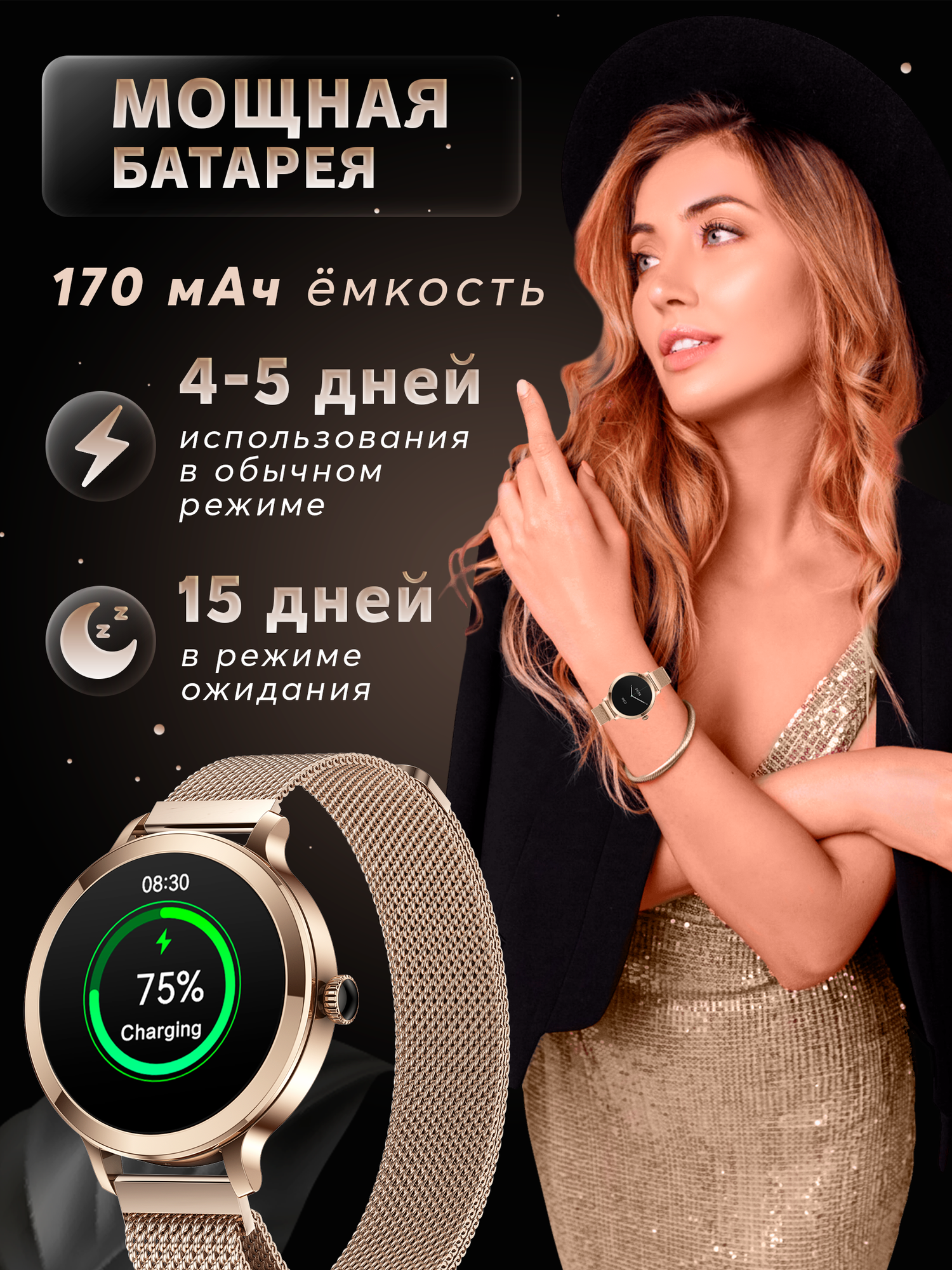 Смарт часы женские круглые smart watch, умные часы наручные с функцией звонка для IOS, Android — фото 1