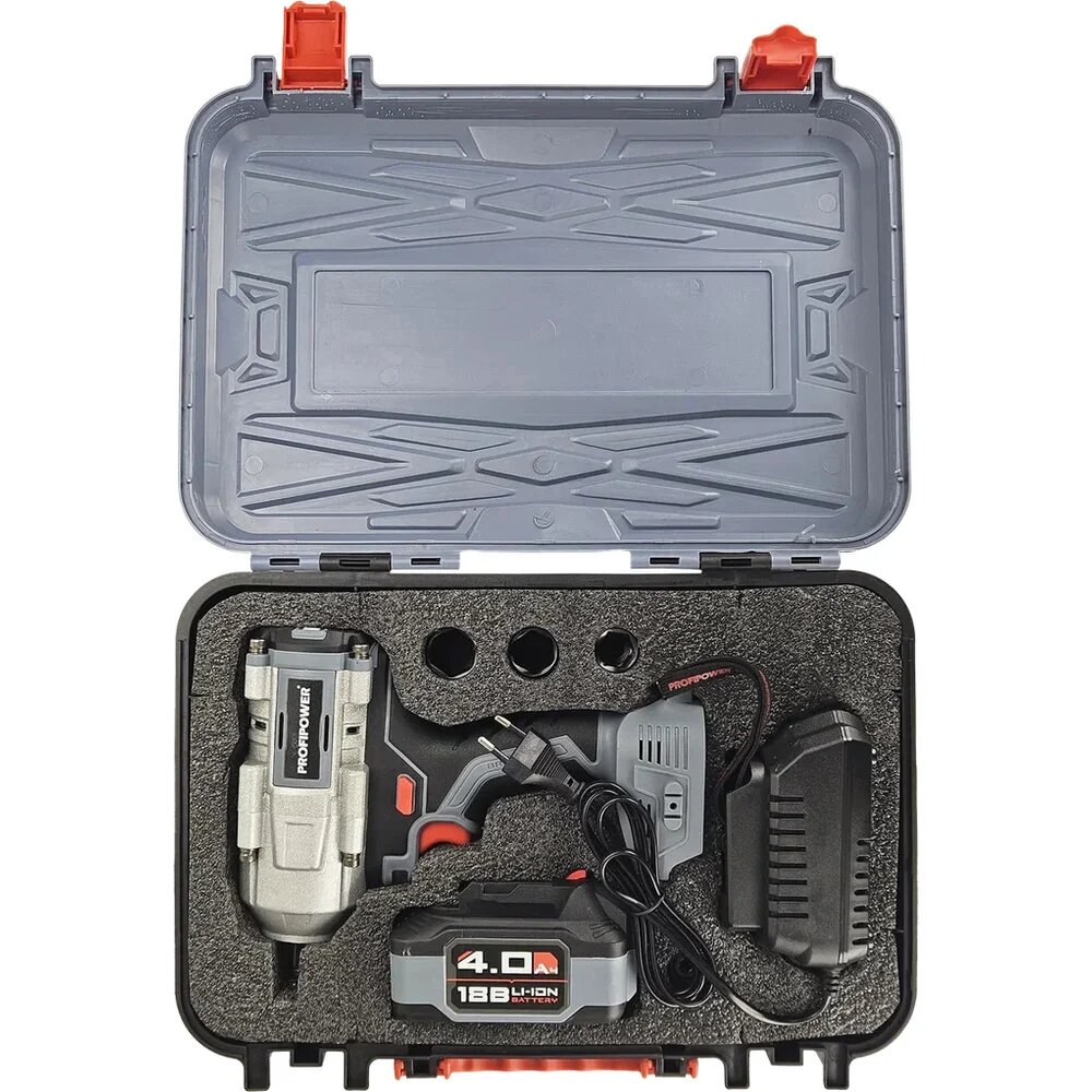 Profipower Аккумуляторный гайковерт бесщеточный ударный T-900N (Li-ion-1шт, 4.0Ач, 900Нм, ударная головка 17/19/21мм, З/У, в кейсе) E0186