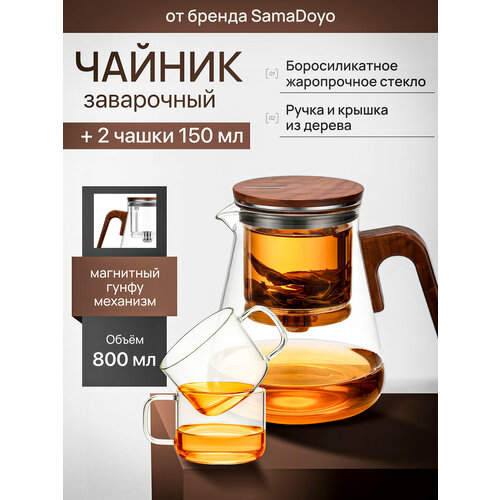 фото Комплект samadoyo чайник заварочный гунфу bonston premium из боросиликатного стекла 800 мл + 2 чашки для чая 150 мл