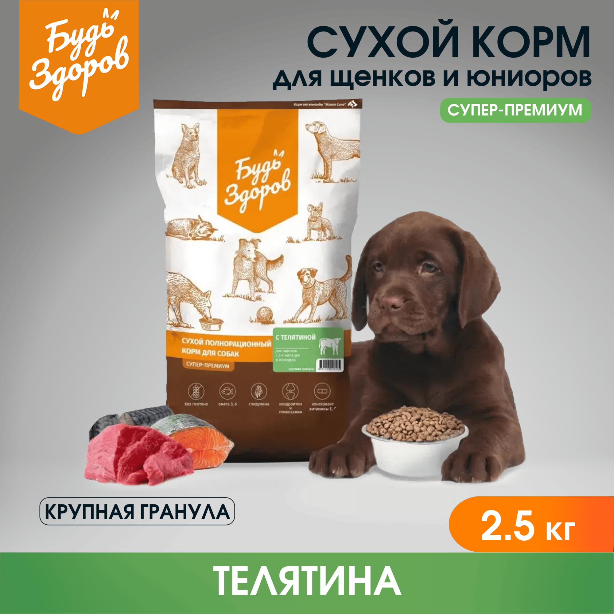 Сухой корм Будь Здоров Живая Сила для щенков с 3-х месяцев и юниоров, с телятиной, крупная гранула 2,5 кг