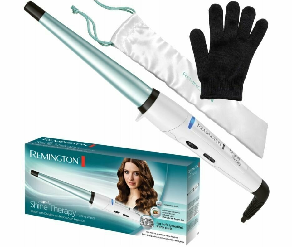 Щипцы для завивки волос Remington Shine Therapy CI53W, 210 C, автоотключение через 60 минут, термостойкий чехол — фото 1