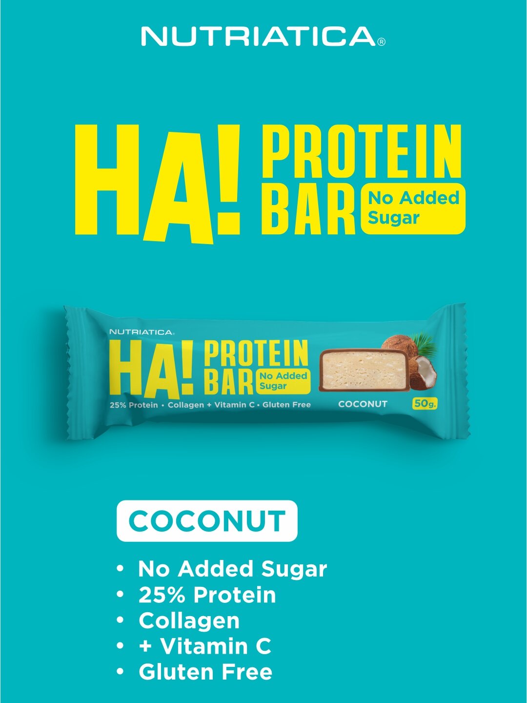 Протеиновые батончики Nutriatica HA! "Кокос", 12 штук, без сахара, 50г — фото 1