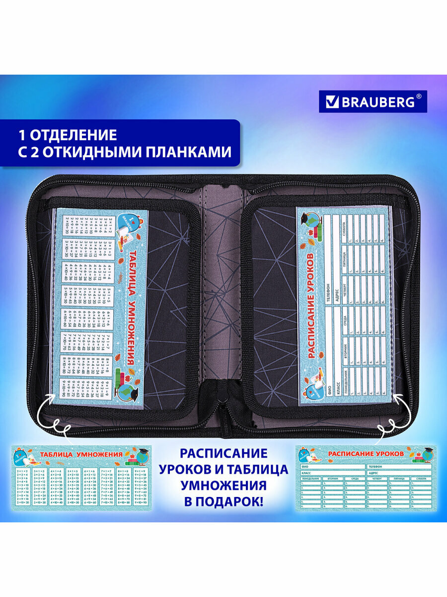 Пенал школьный для мальчика / подростка для ручек, карандашей Brauberg, 1 отделение, 2 откидные планки, полиэстер, 21х14 см, Ufo, 271516 — фото 1
