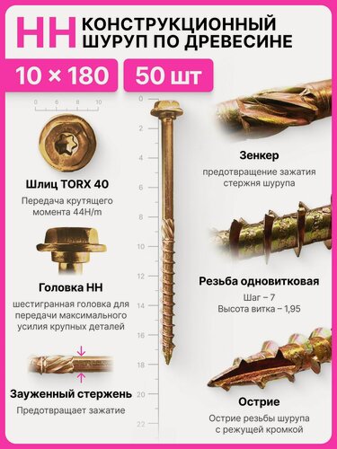 Изображение товара Конструкционный шуруп по дереву 10х180, головка HH - шестигранная головка с пресс шайбой