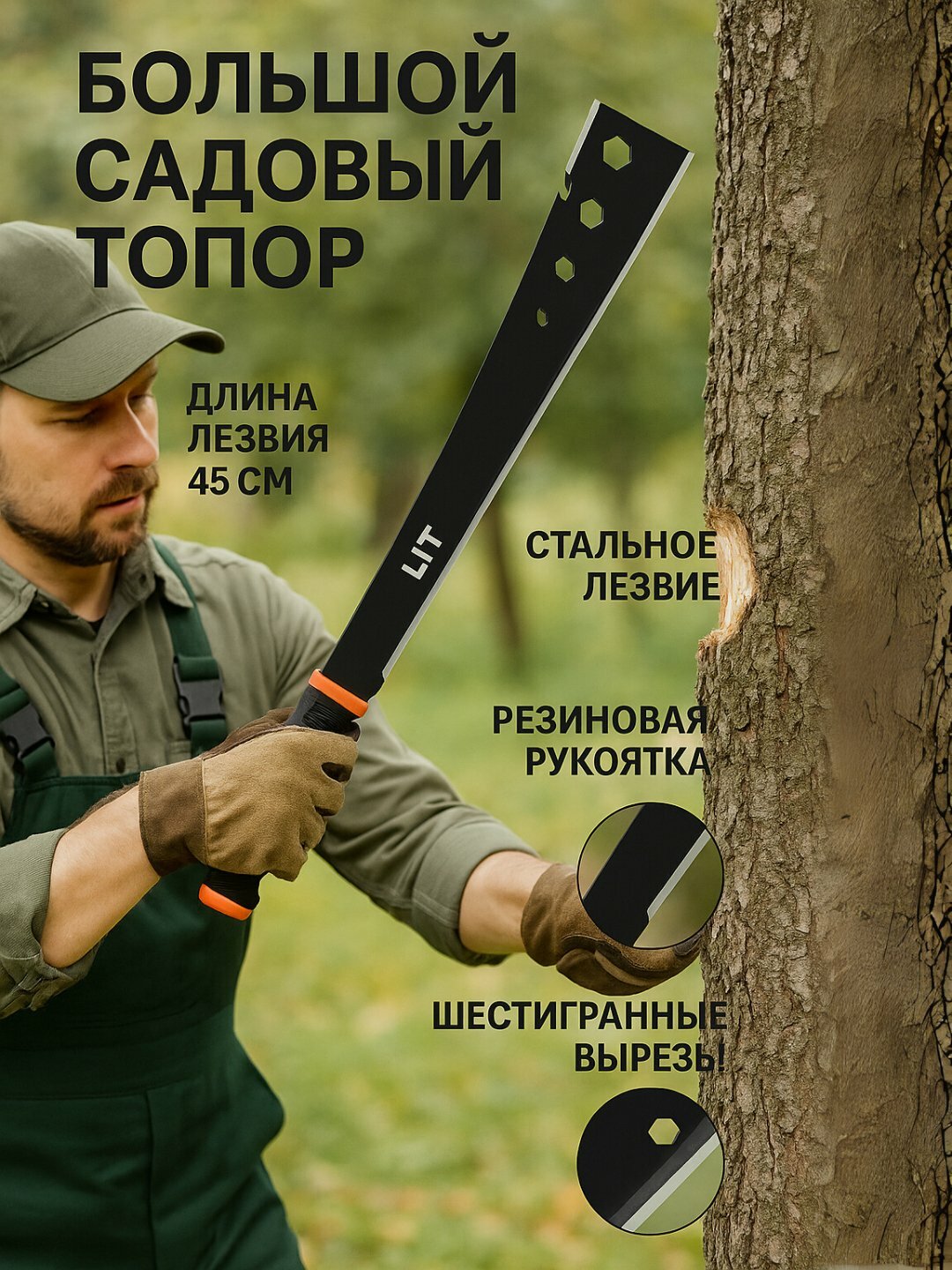 Топор садовый Lit, углеродистая сталь, прорезиненный пластик, длина 45см