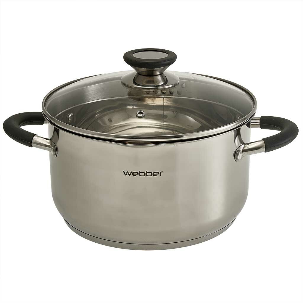Кастрюля 4.7 л 22 см из нержавеющей стали со стеклянной крышкой с отверстиями для слива Webber BE-374/2