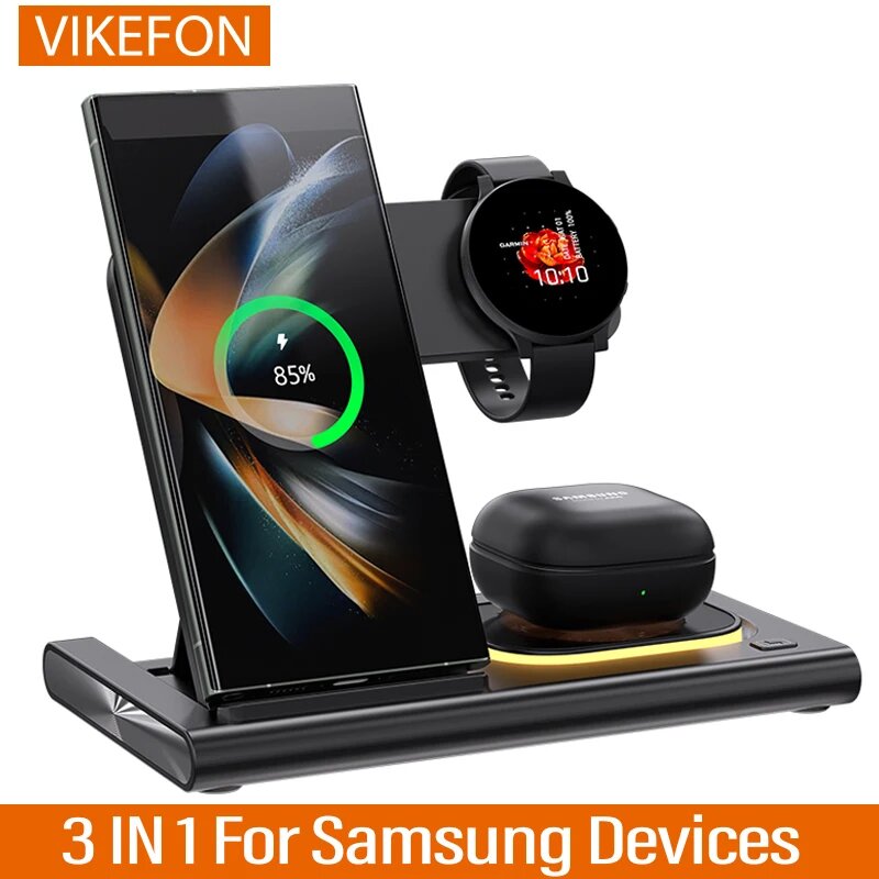 Светодиодная Складная Беспроводная зарядная подставка 3 в 1 для Samsung S24 S23 S22 Watch 6 5 4 Active 1 2 Galaxy Buds Pro, быстрая зарядная станция, Черный — фото 1