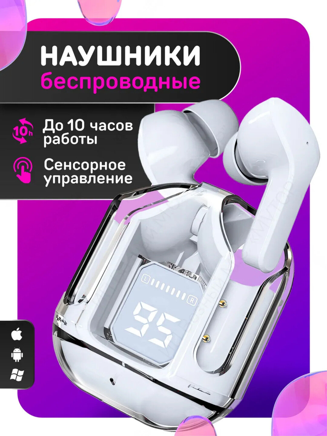 Беспроводные наушник с дисплеем, микрофоном и шумоподавлением IOS Android