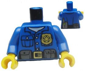 Torso Police Shirt with White Undershirt, Gold Badge and Buckle, Black Belt with Pouches on Front, Radio on Back Pattern / Blue Arms / Yellow Hands, 973pb1551c01 Blue U