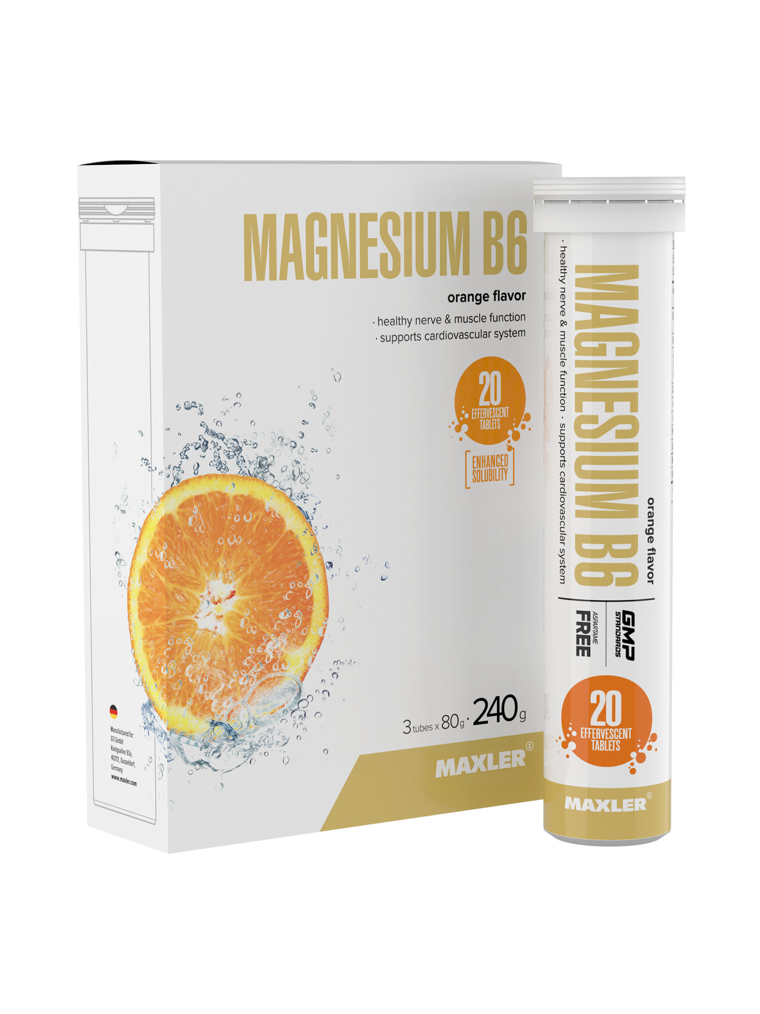 Магний B6 в шипучих таблетках Maxler Magnesium B6 Effervescent, 3 тубы по 20 штук - Апельсин