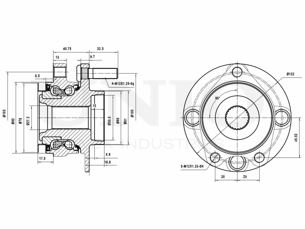 Ступица передняя (с ABS), для Ниссан Тиида (C11X, SC11X) 07-, Nissan Tiida 07-, артикул HUB-20242, производителя UNIO