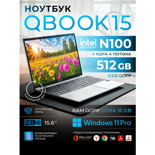 QOPP Ноутбук 156для работы и учебы Intel Processor N100 RAM 16 ГБ SSD 512ГБ Intel UHD Graphics Windows Pro серебристый Русская раскладка 2400000₽