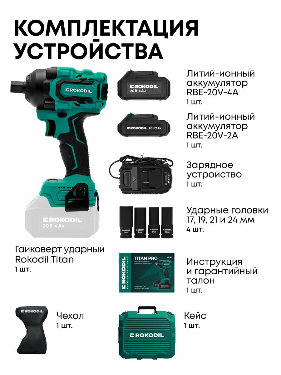 Гайковерт аккумуляторный ударный бесщеточный Rokodil Titan, 350 Нм, 20 В, 2 АКБ (2 Ач и 4 Ач) — фото 1