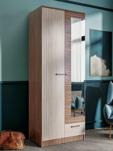 Изображение товара Распашной шкаф для одежды и хранения вещей Адель с полками, со штангой, с ящиком, с зеркалом, 80х47х210 см, Ясень Шимо темный / Ясень Шимо светлый