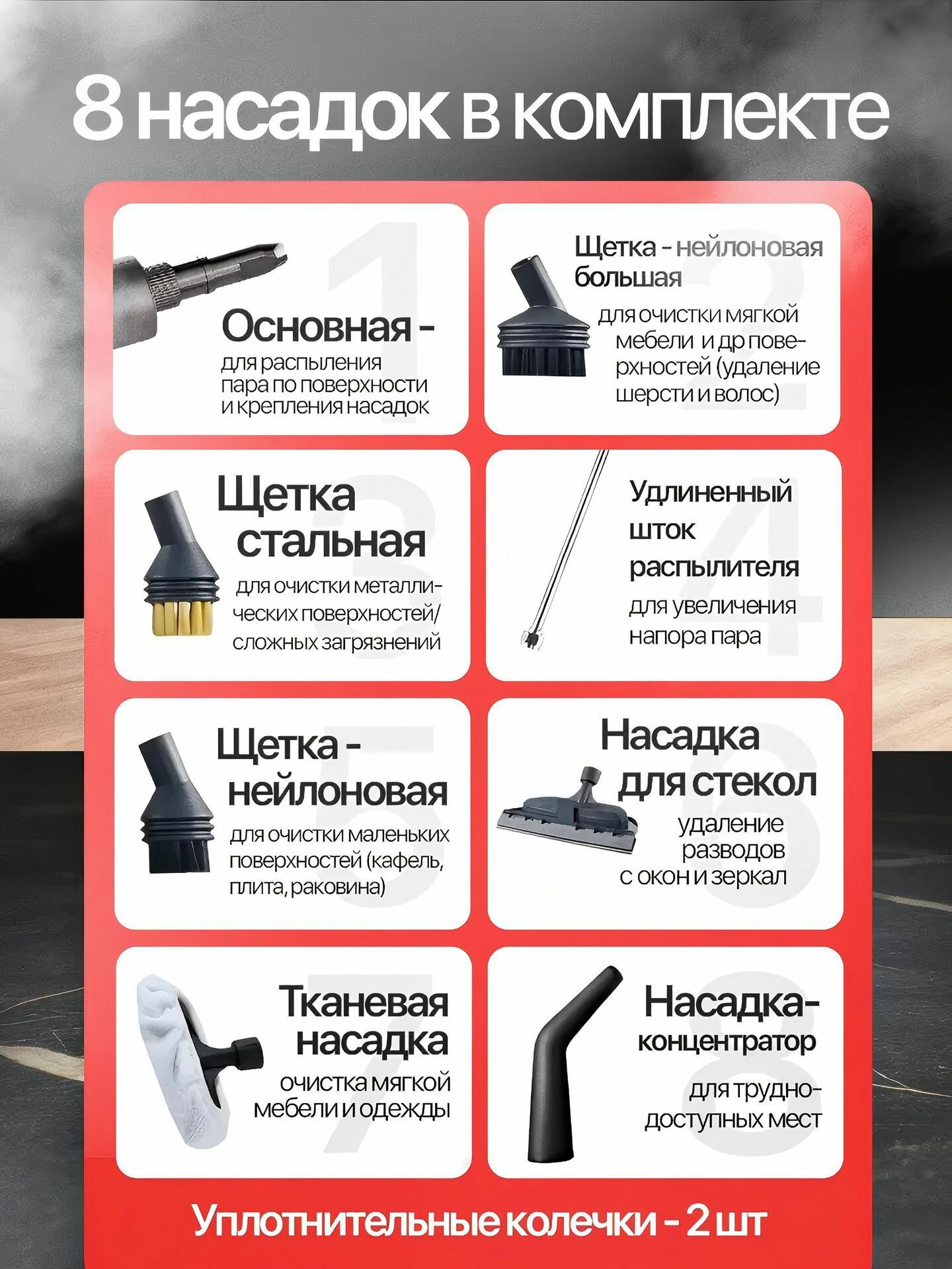 Пароочиститель для дома, мощный парогенератор для уборки 8 насадок — фото 1