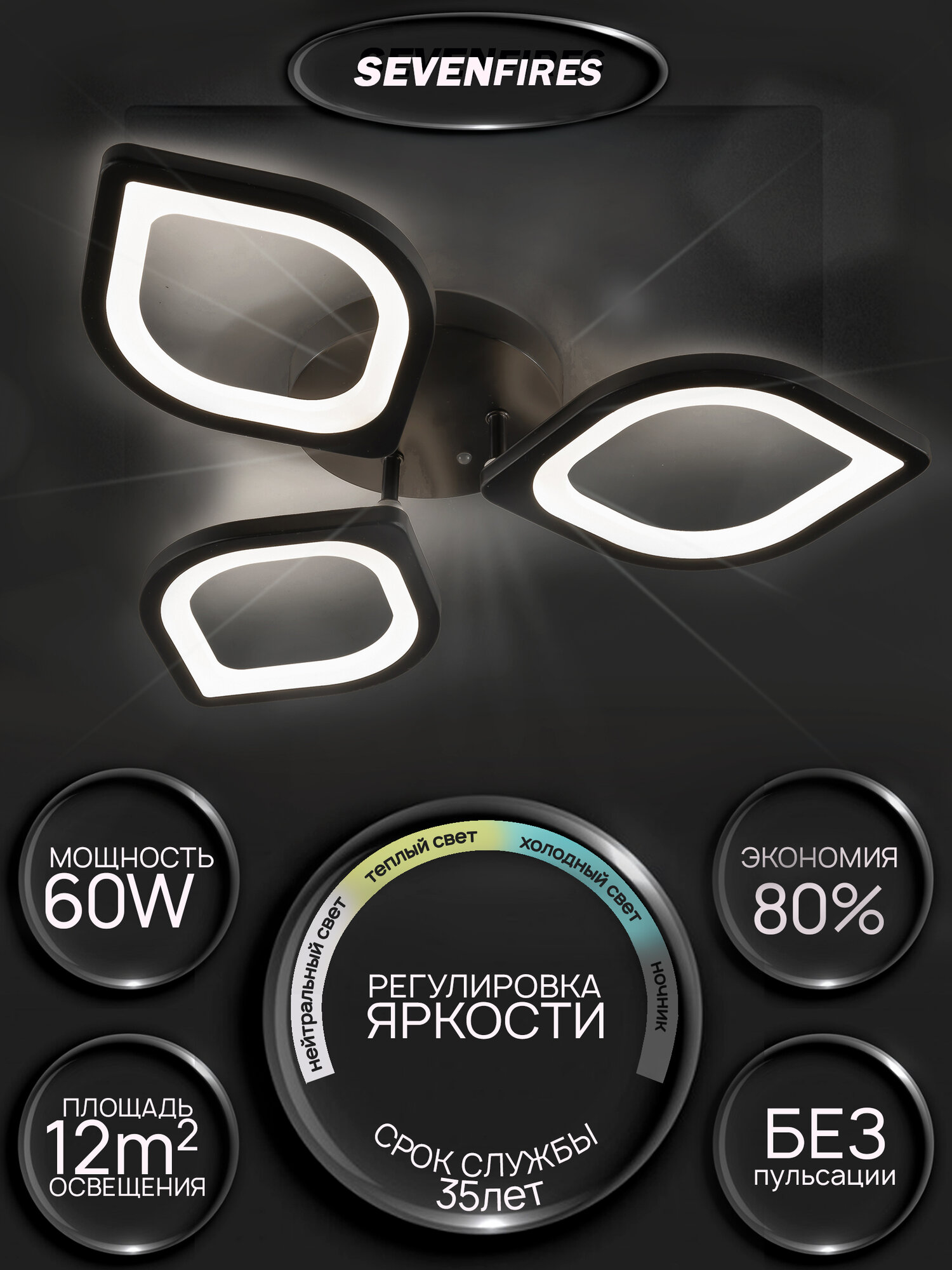 Люстра потолочная светодиодная Семь Огней  черная с пультом  до 12 кв  м 