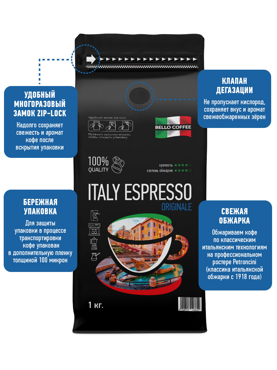 Кофе в зернах 1 кг арабика 30% робуста 70% ORIGINALE, кофе зерновой ITALY ESPRESSO — фото 1