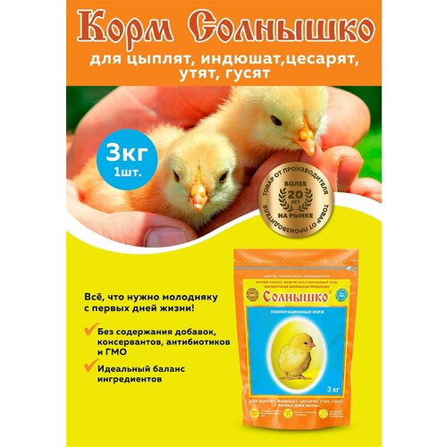 Корм Солнышко для цыплят, индюшат, цесарят, утят, гусят с первых дней жизни 3кг