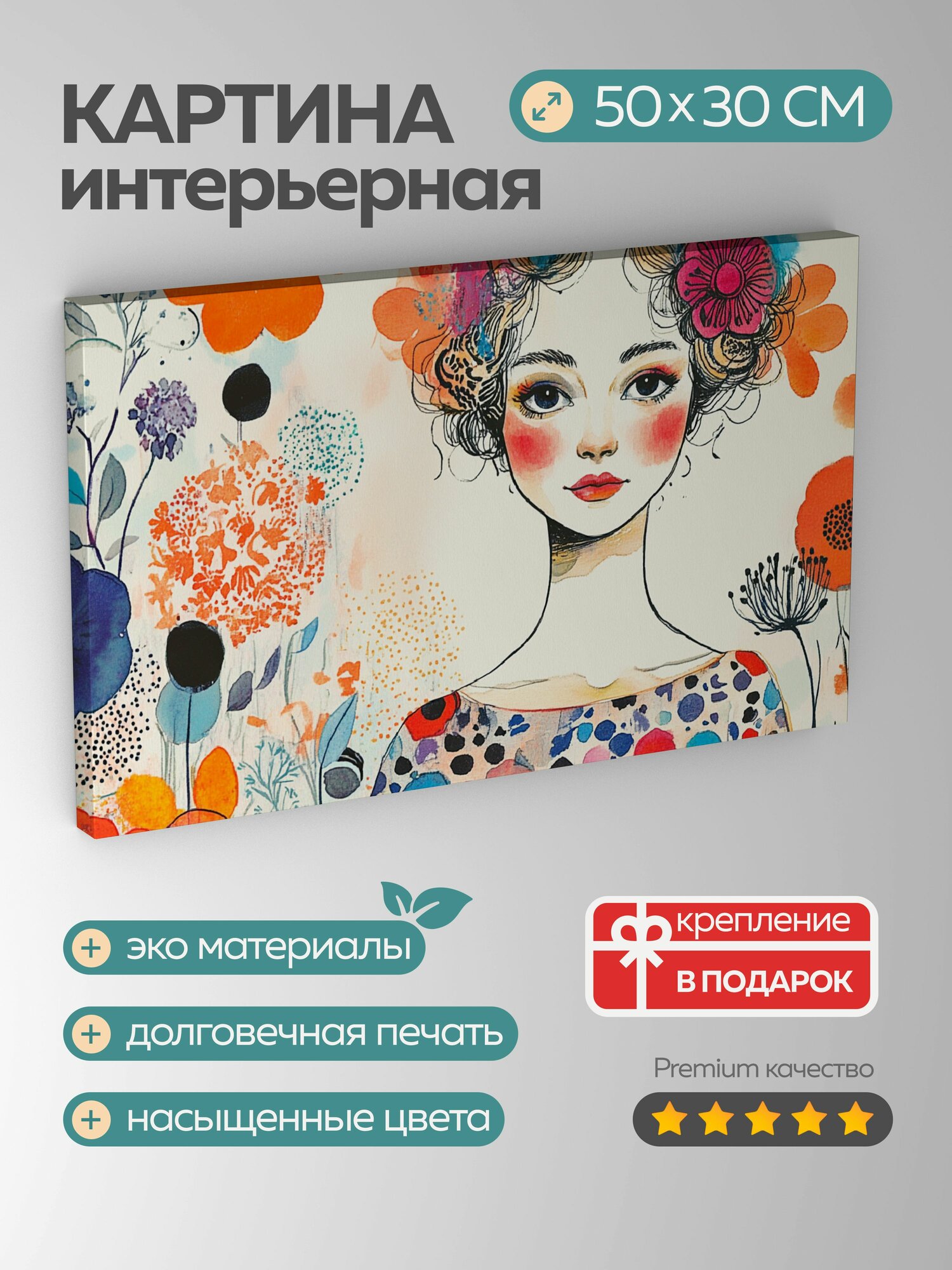 Картина на холсте интерьерная 50х30 см, Девушка, акварельная иллюстрация, винтажное платье, ретро-макияж, ушедшая эпоха